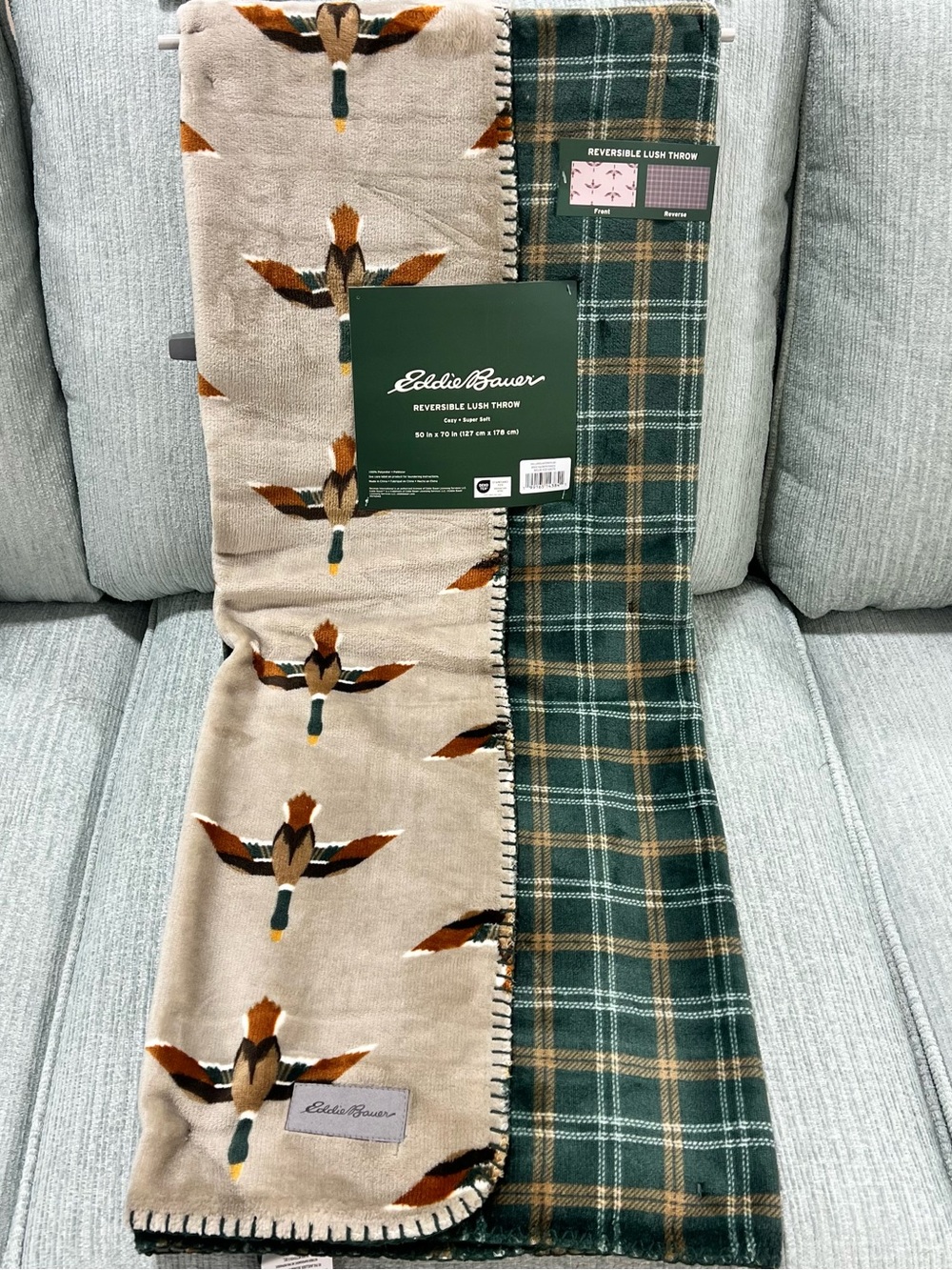 Eddie Bauer Reversible Duck Plush Throw - Green Plaid & Beige Mallard